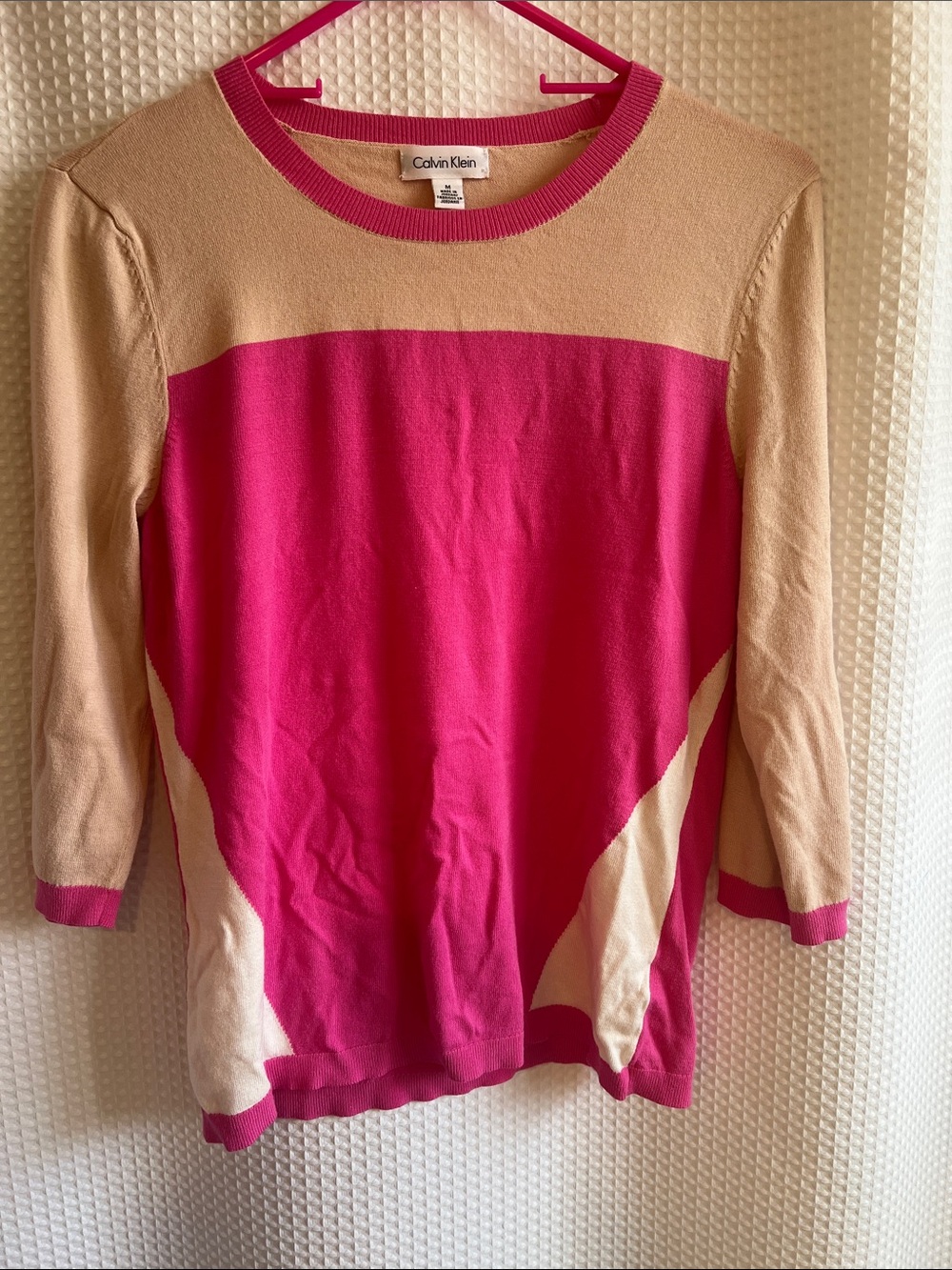 Calvin Klein Hot Pink and Beige Colorblock Crewneck Sweater—726-016